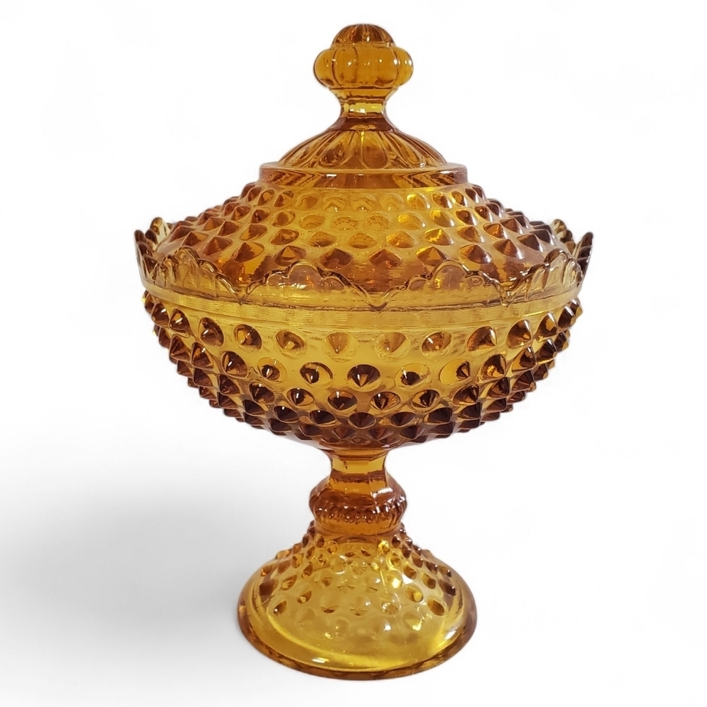 Fenton Amber Hobnail Candy Dish Crown Edge Footed Lidded Vintage